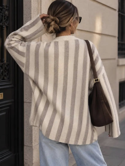 Boheme randig stickad tröja med broderi Beige