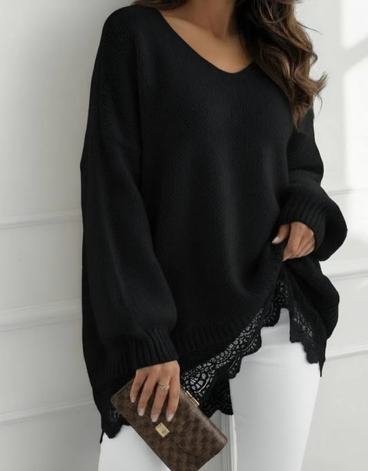 Stor v-ringad tröja med spets Svart