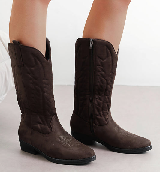 Broderade cowboystövlar i konstmocka - 3,5 cm klack Brun