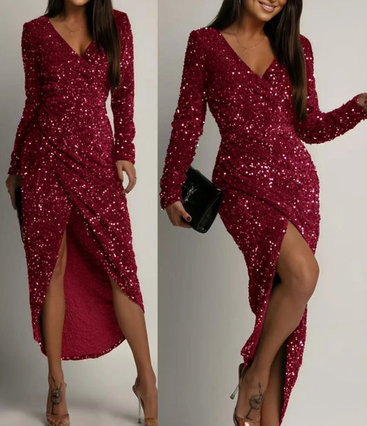 Lång paljettklänning med långa ärmar Vinröd