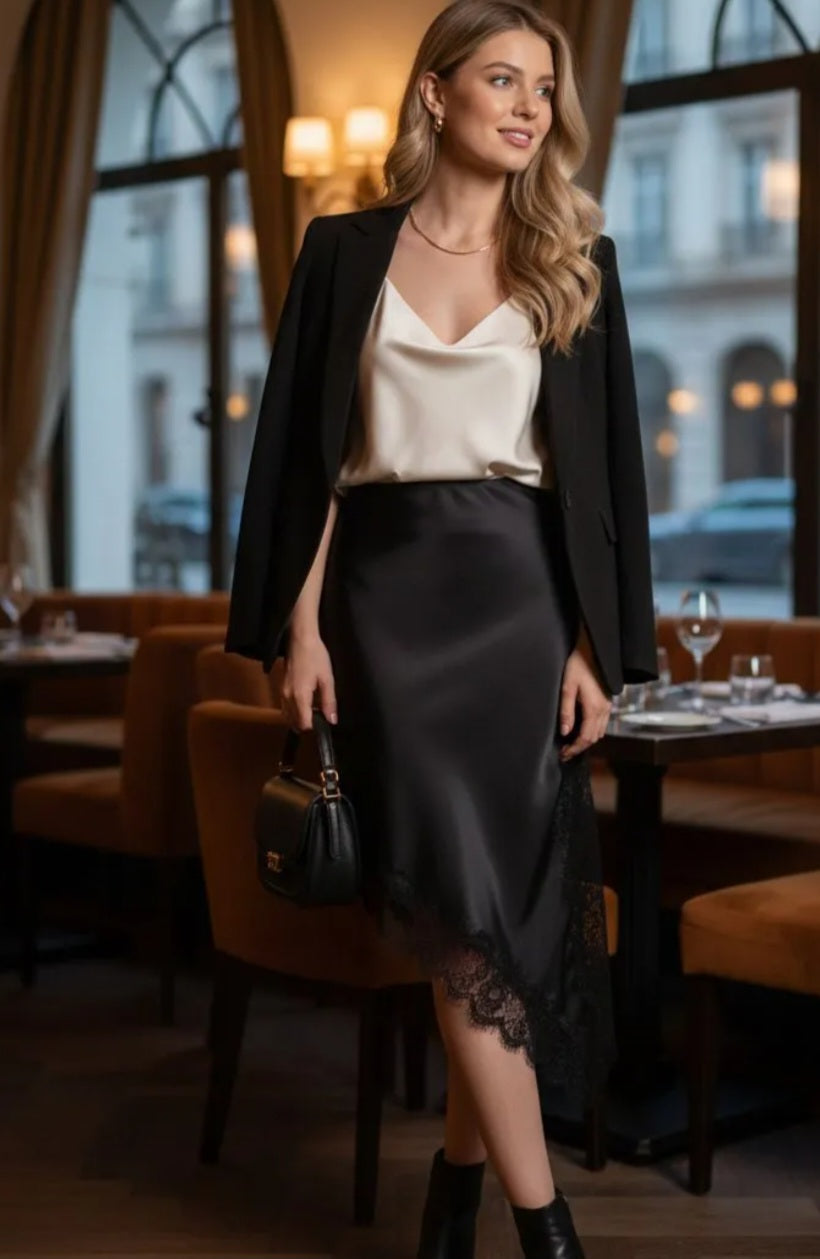 Asymmetrisk satinkjol med spets Svart