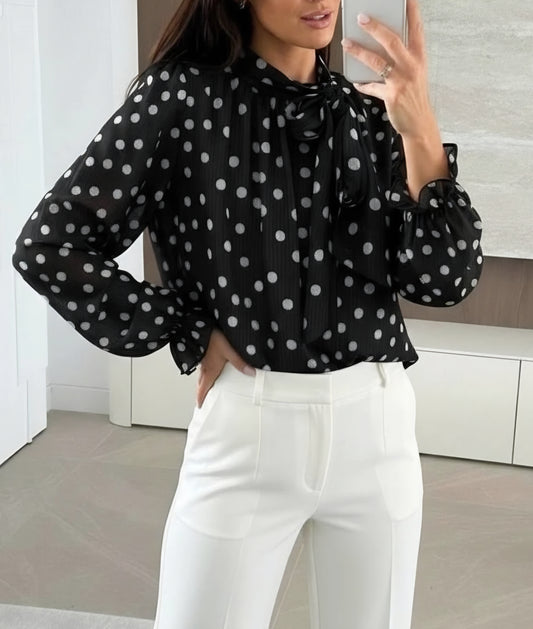 Blus med knytkrage prickar Svart