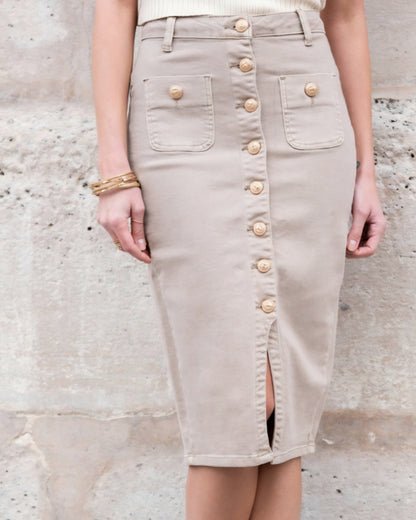 Stretchig denimkjol med slits Beige