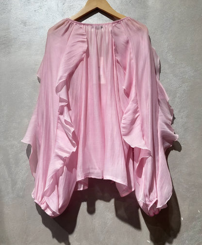 Långärmad blus med volang i lyocell Rosa