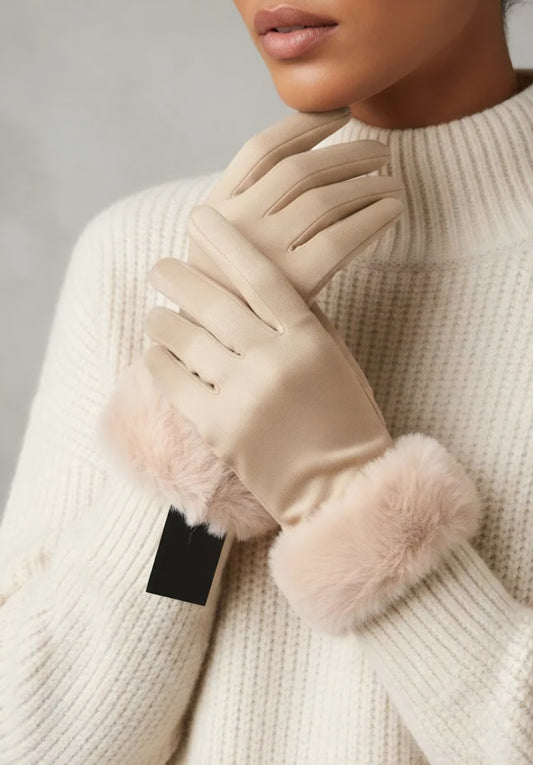 Handske med fuskpäls Beige