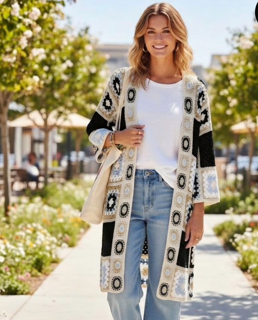 Bohemisk virkad kofta Svart