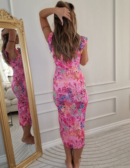 Lång klänning med blommigt tryck Rosa