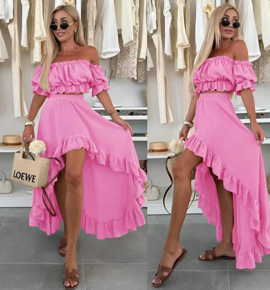 Viskos set med volangkjol och topp Rosa