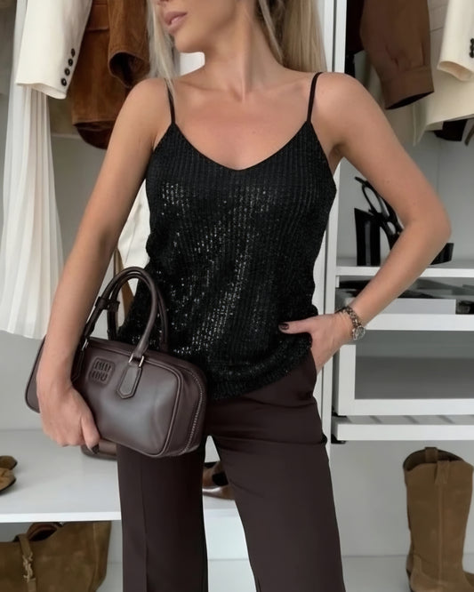 Topp med tunna axelband paljetter Svart