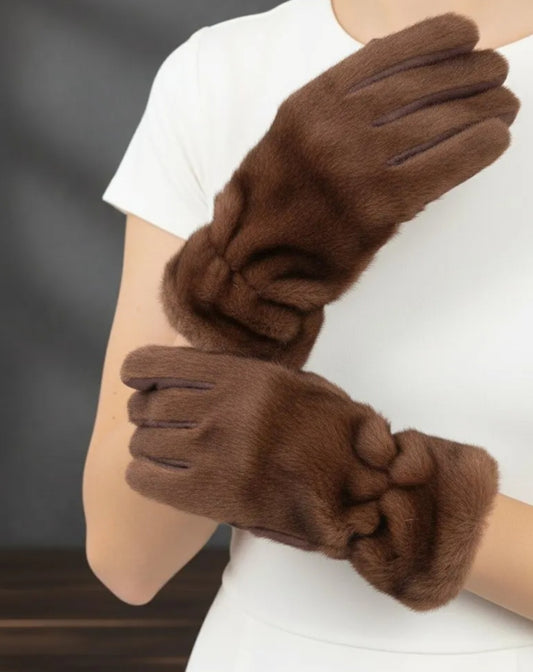 Handskar fuskpäls Mörkbrun