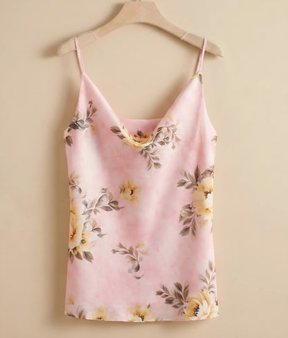 Satin topp med blommönster Rosa