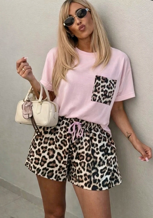 Leopardmönstrade shorts set, Rosa