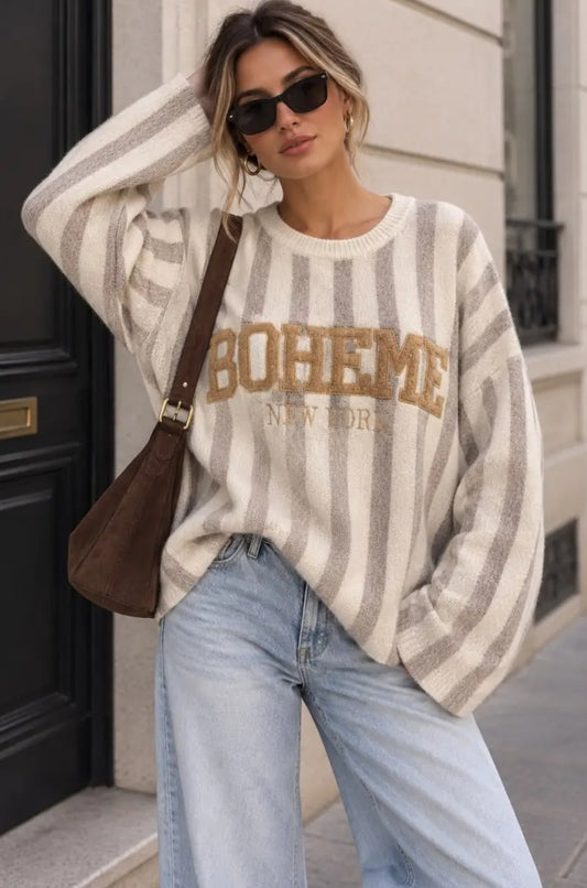 Boheme randig stickad tröja med broderi Beige