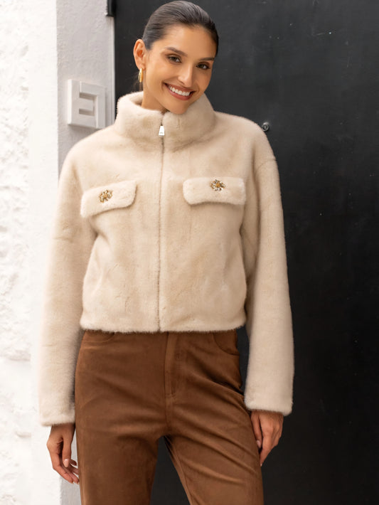 Kort fuskpälsjacka med hög krage Beige