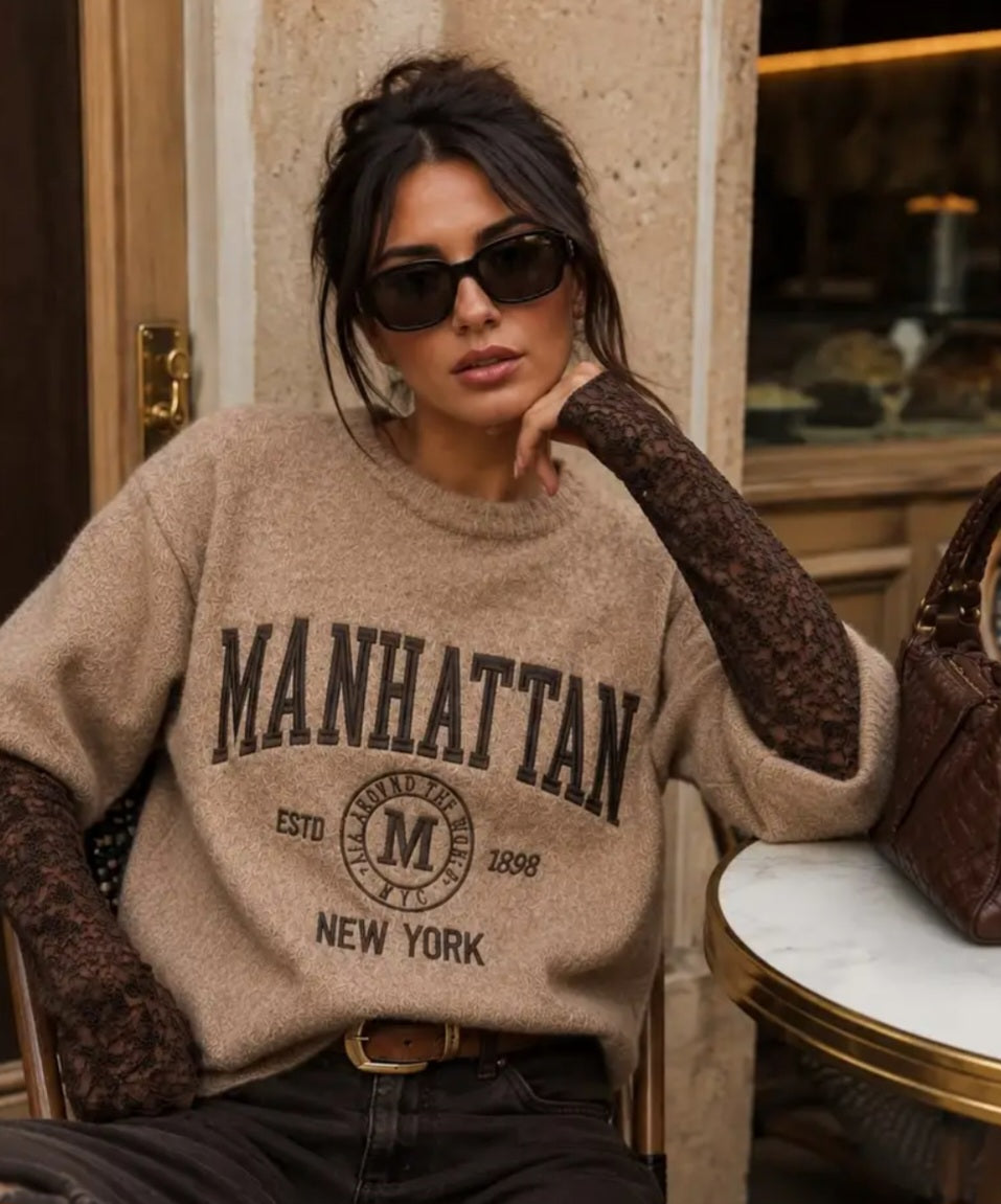 Tröja med bouclé-effekt i Manhattan, Spetsarm