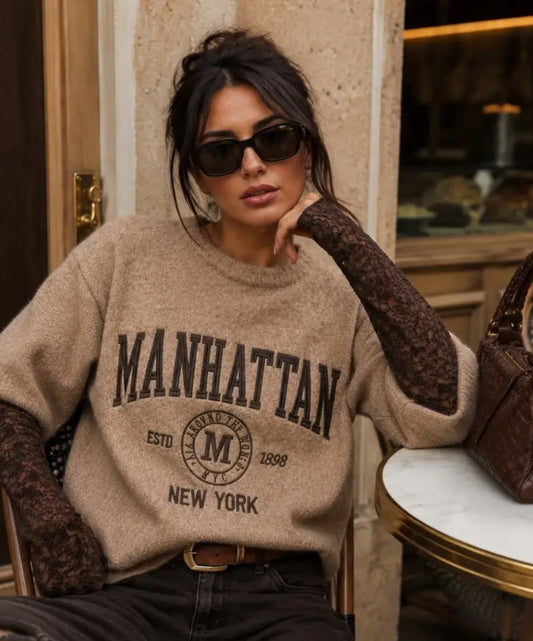 Tröja med bouclé-effekt i Manhattan, Spetsarm