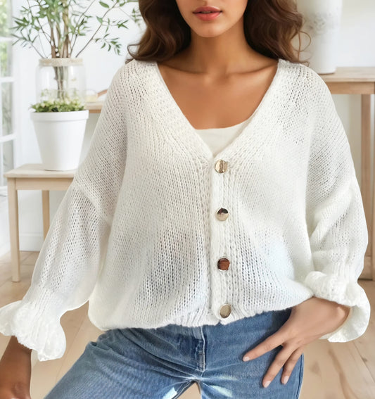 Fluffig stickad kofta Vit