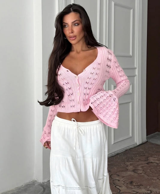 Virkad kofta med volanger Rosa