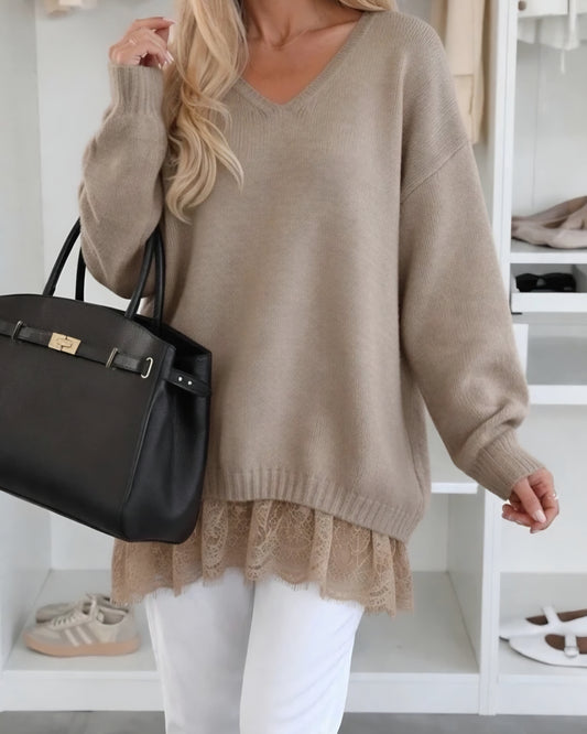 Stor v-ringad tröja med spets Taupe