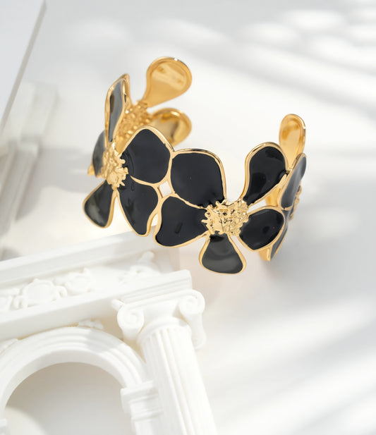 Chic Guld Blomma Armband Rostfritt Stål Svart