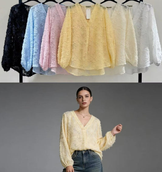 Fluffig blus med V-ringning Gul