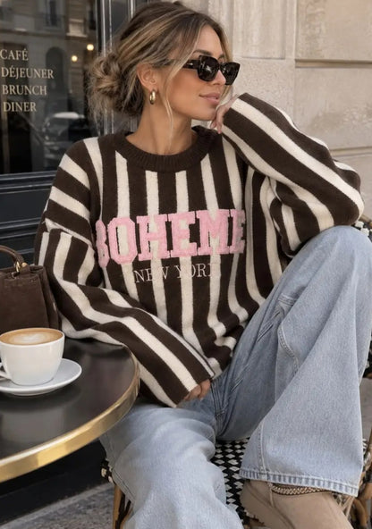 Boheme randig stickad tröja med broderi Rosa
