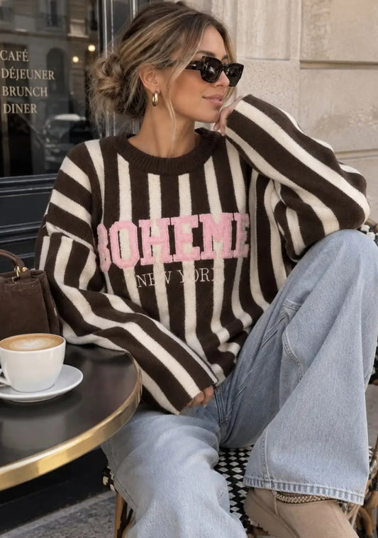 Boheme randig stickad tröja med broderi Rosa