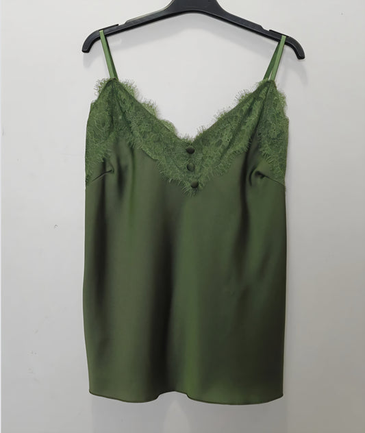 Linne i satin spets Khaki