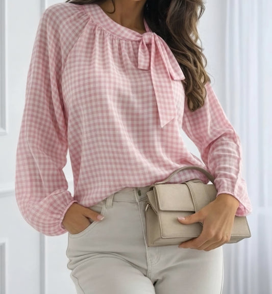 Blus med knytkrage och rutmönster Rosa