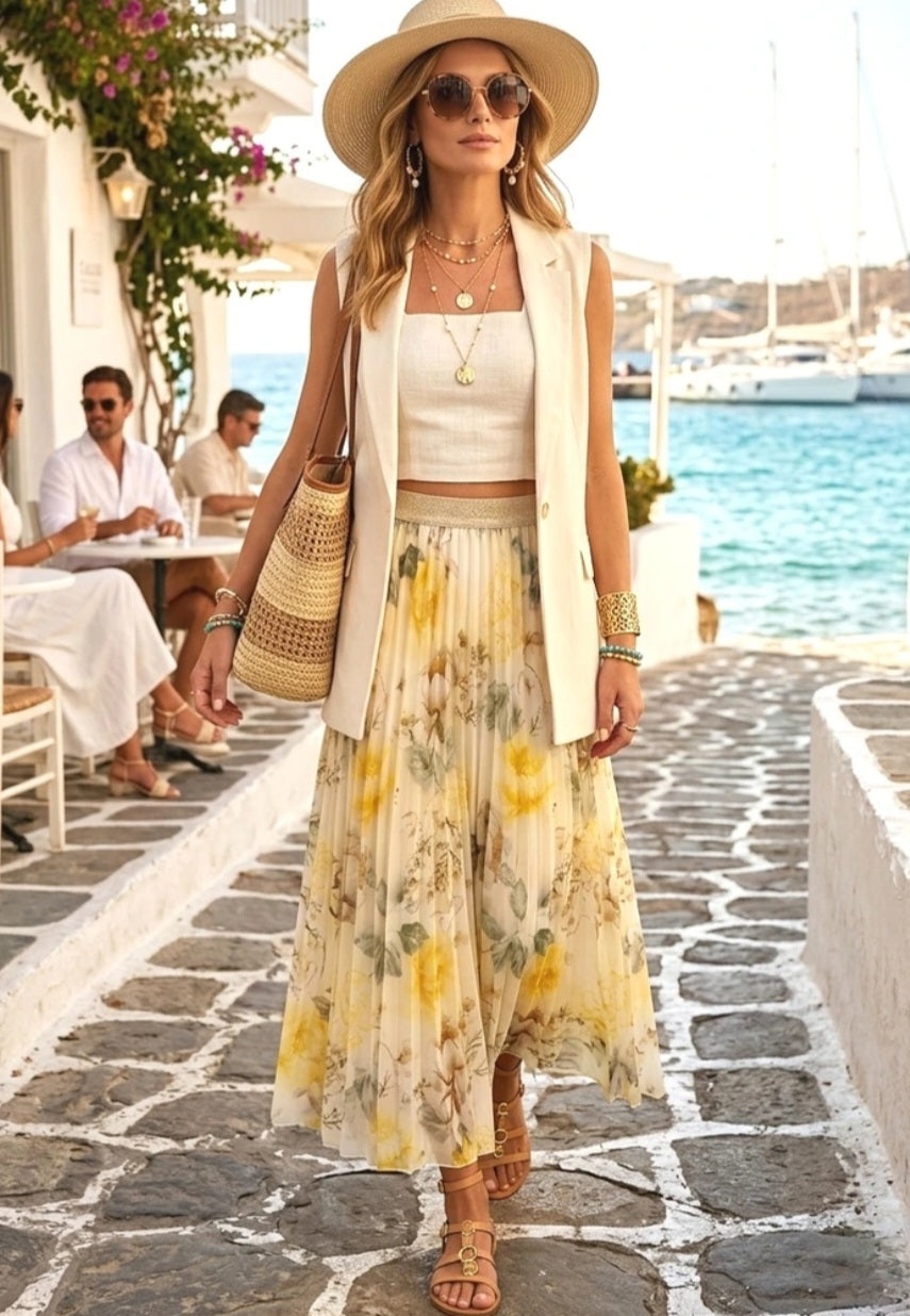 Plisserad maxikjol Flower Gul