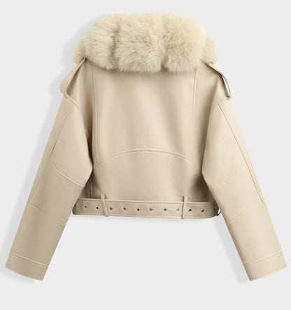 Kort bomberjacka i konstläder Beige