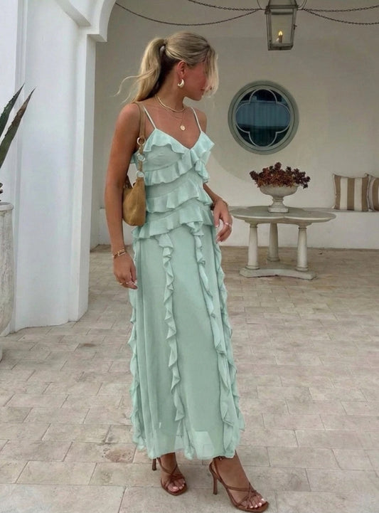 LÅNG KLÄNNING MED VOLANG Mintgrön