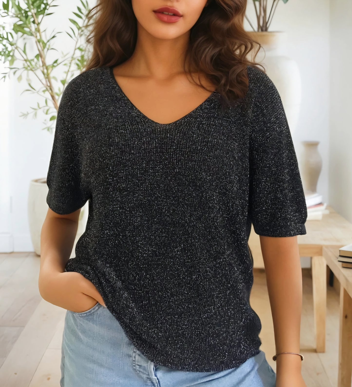 Ultrastretchig Svart finstickad t-shirt med silverfärgad lurex