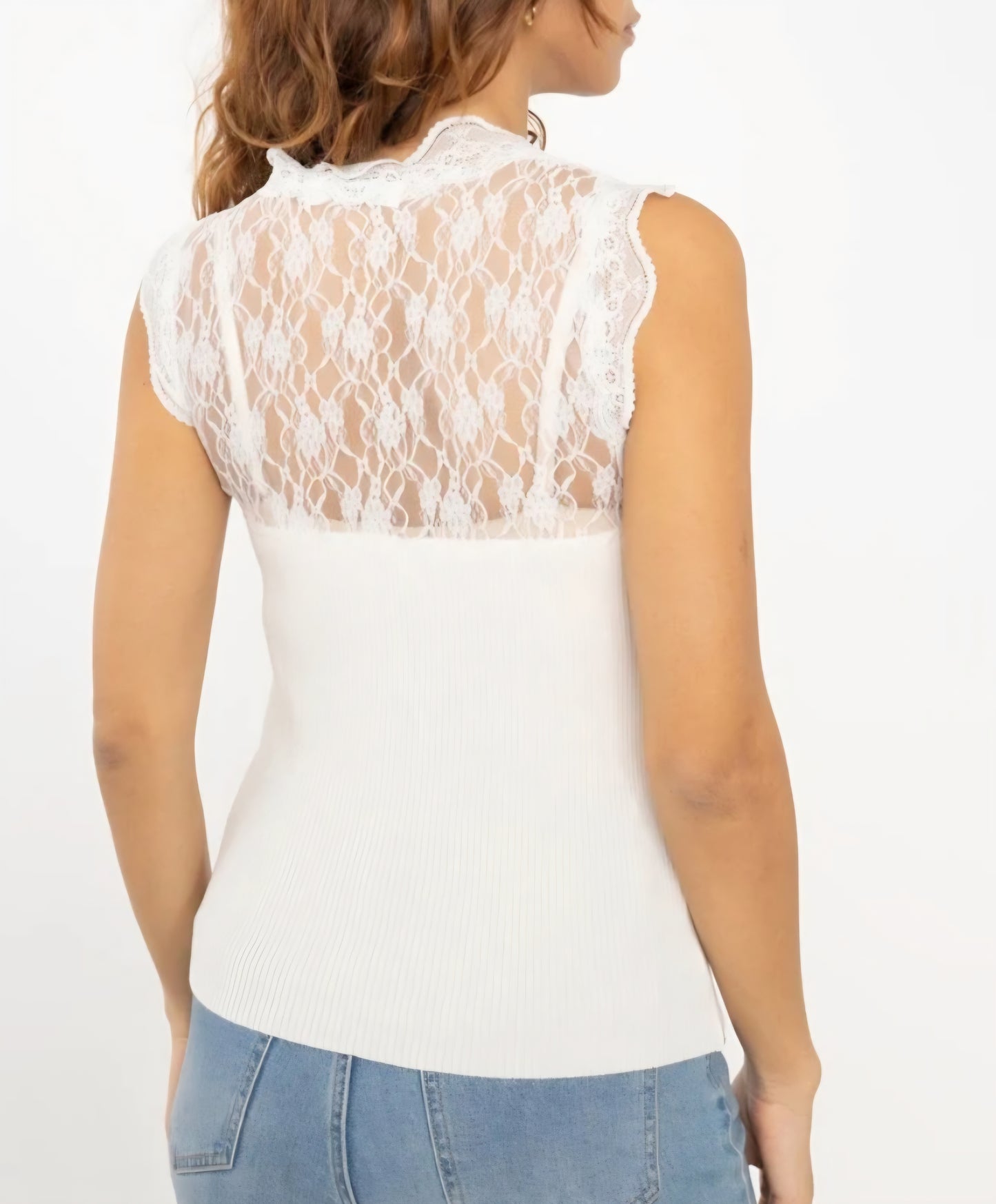 Ribbad topp Spets Vit