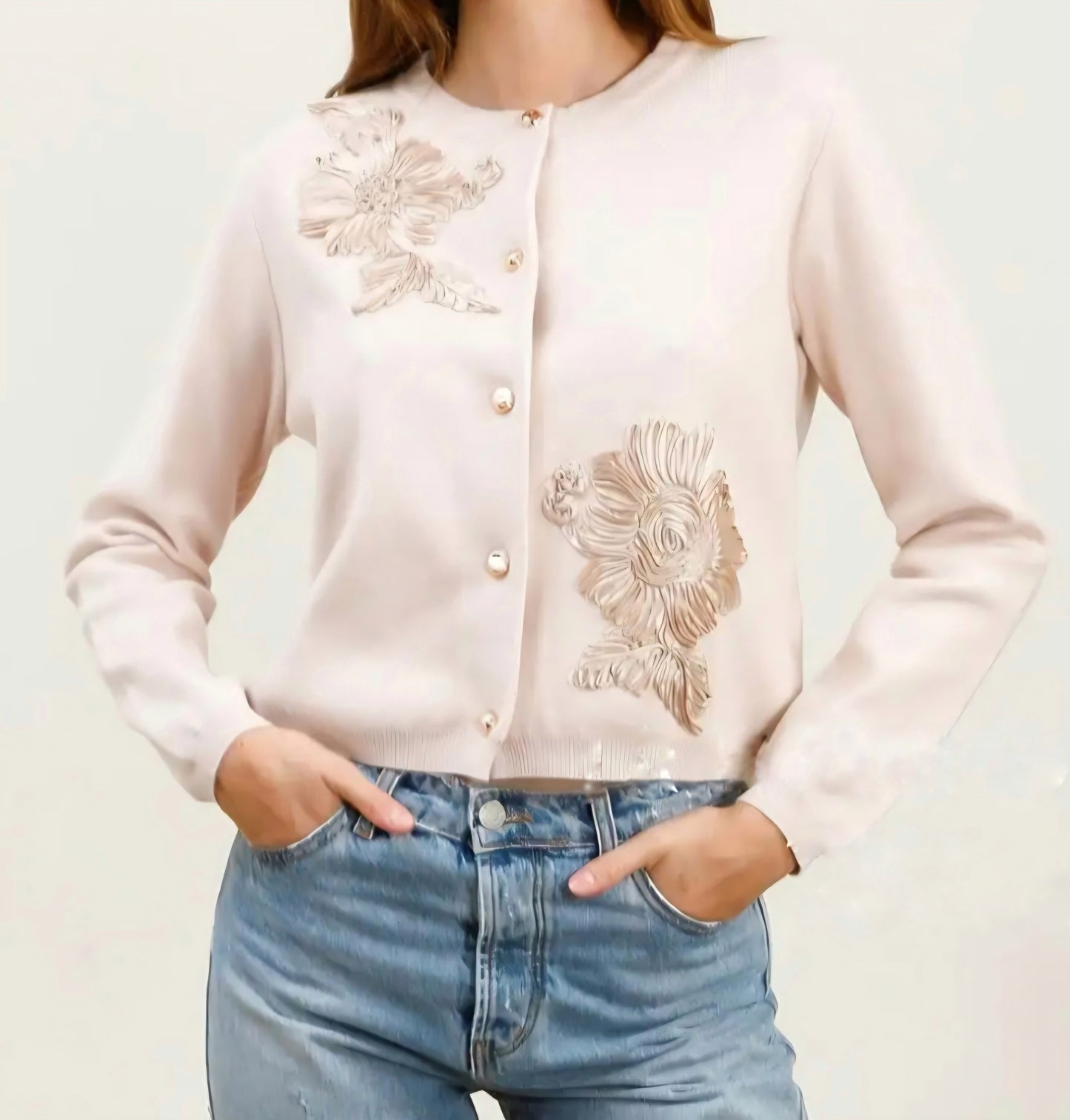 Stickad kofta med 3D-blommig satinbroderi Beige