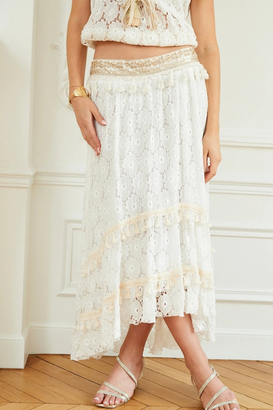 Lång broderad spetskjol STELLA Vit