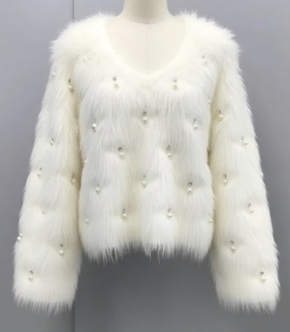 Fluffig tröja med strass Vit