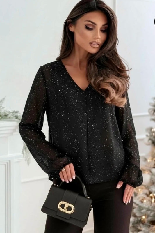 V-ringad blus med viskosfoder Svart, silver