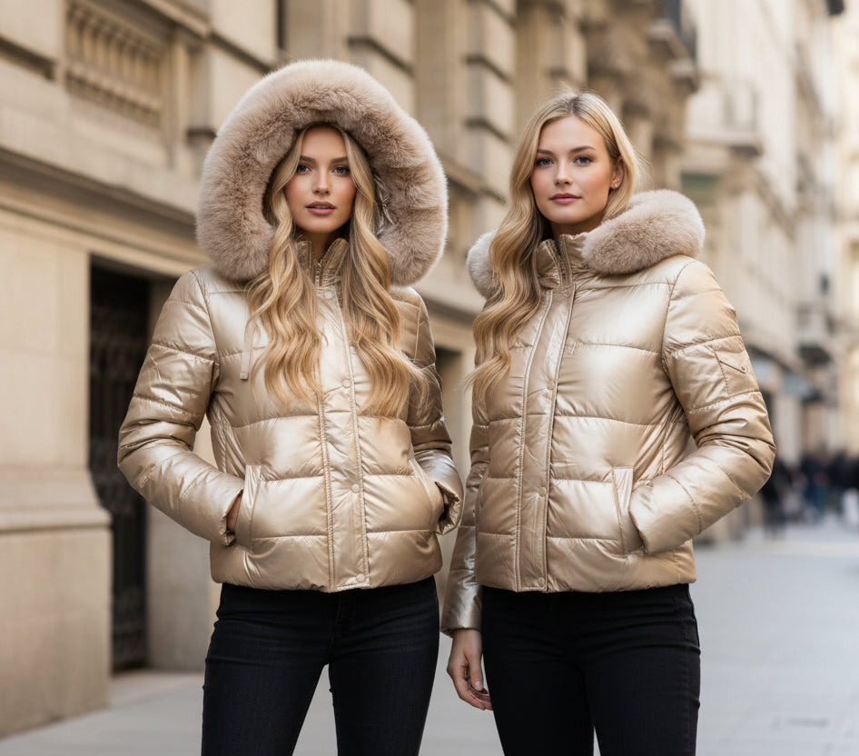 Glänsande kort pufferjacka med huva med fuskpäls Beige