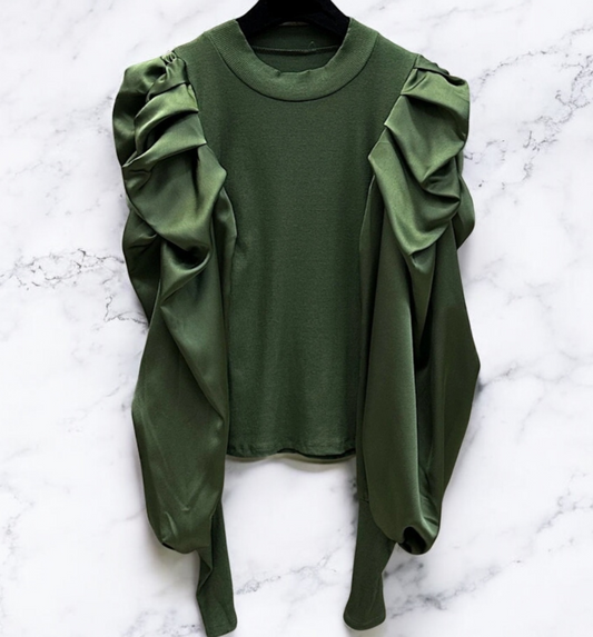 Topp med satin armar Khaki