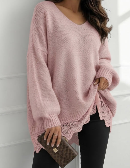 Stor v-ringad tröja med spets Rosa