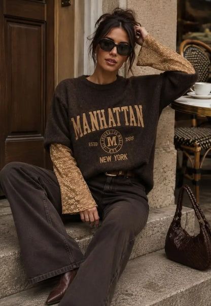 Tröja med bouclé-effekt i Manhattan, Spetsarm Mörkbrun