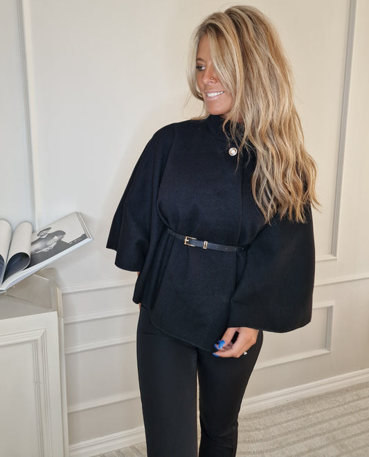 Elegant Cape/Poncho with belt Svart