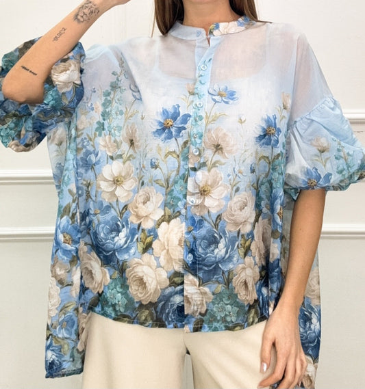 BLOMMIG CHIFFONBLUS Blå