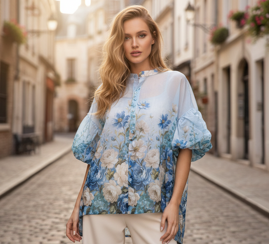 BLOMMIG CHIFFONBLUS Blå