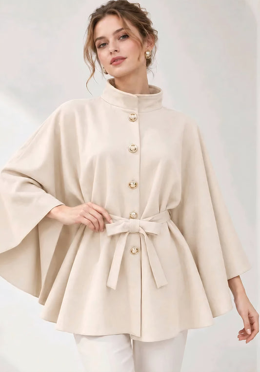 Poncho i mocka med hög krage, guldfärgade knappar Beige
