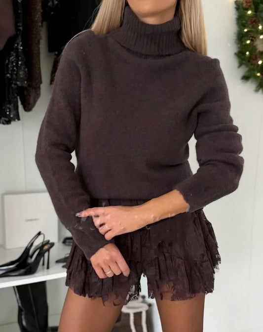 Stickad tröja med sjalkrage Brun