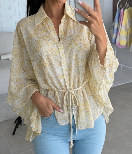 Mönstrad poncho-skjorta med foder Gul