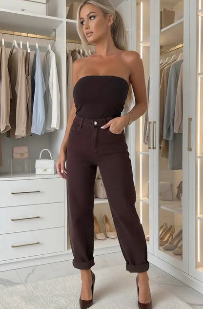 Högmidjade byxor med ballongform – stretchigt tyg Brun