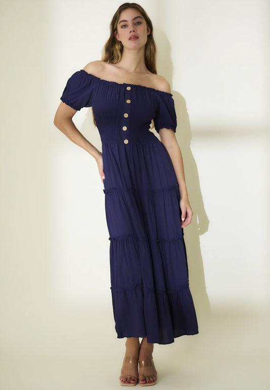 Maxiklänning med puffärmar, Smock Marinblå